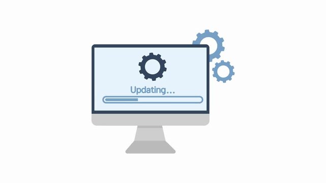 Computer screen displaying an update progress bar with gears in the background symbolizing software installation or system maintenance process