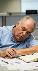 Fototapeta premium Exhausted senior businessman sleeping at office desk due to work burnout