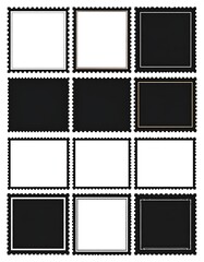 12 postage stamp cut-outs with decorative edges, varying white, black, and neutral colors