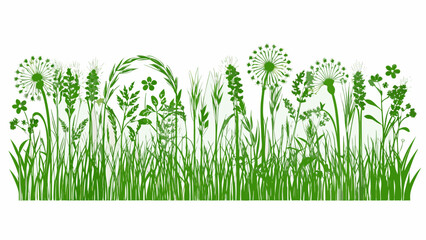 A vibrant green illustration of diverse wildflowers and long grasses © Raju