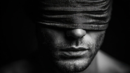 Man wearing blindfold in black and white