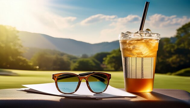 summer relaxation with sunglasses iced drink and golf scorecard outdoors