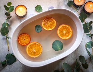 relaxing spa bath with floating orange slices candles and eucalyptus leaves for self care bathtub party day