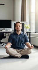 Fototapeta premium Caucasian male employee in his 30s doing sensory regulation meditation on a yoga mat in the office.