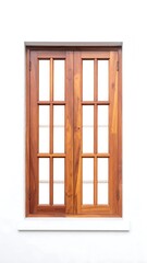 Wooden paneled window with multiple panes against a white wall