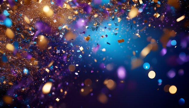 celebration confetti and glitter exploding in vibrant colors shiny and sparkles blue gold and purple tones