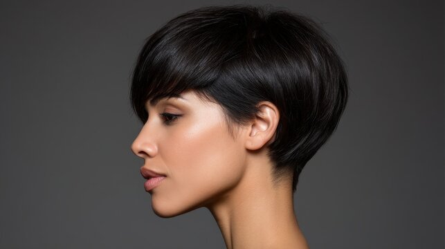 Elegant Side Profile of a Stylish Woman with Short Dark Hair and Subtle Makeup Against a Dark Background