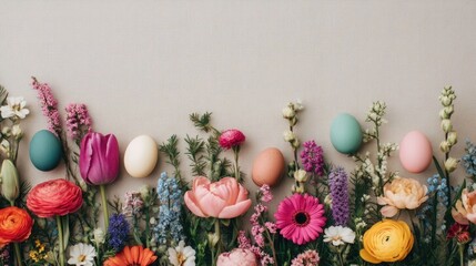 Obraz premium A bouquet of blooming spring flowers including tulips ranunculus and gerbera daisies arranged with colorful Easter eggs on a simple neutral backdrop
