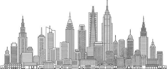 Manhattan Skyline Illustration Featuring Skyscrapers and Cityscape from a Distant Viewpoint