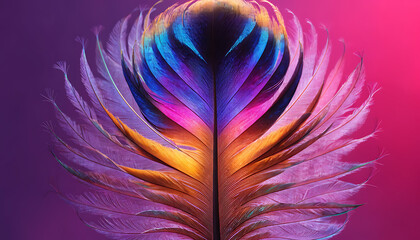 Obraz premium Vibrant peacock feather close up with iridescent colors and gradient lighting background