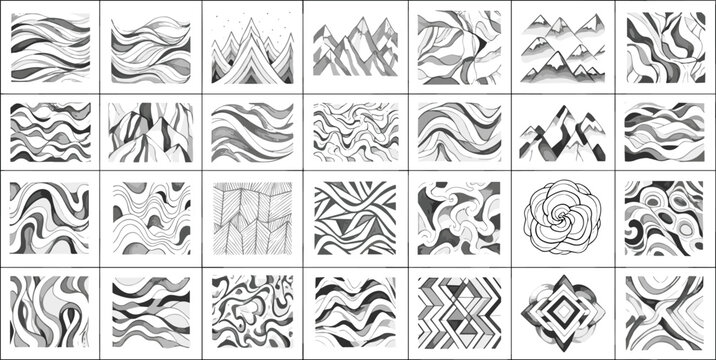 Collection of diverse abstract illustrations in black and white, showcasing various patterns and shapes from different viewpoints.