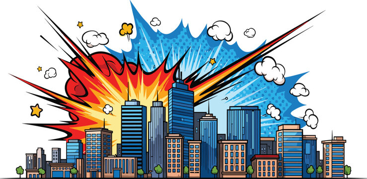 Cityscape illustration depicting a dramatic explosion amidst modern skyscrapers and urban landscape viewed from a dynamic angle