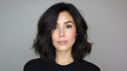 Fototapeta premium Beautiful woman with elegant wavy hairstyle showcasing natural makeup against a neutral background in professional portrait photography
