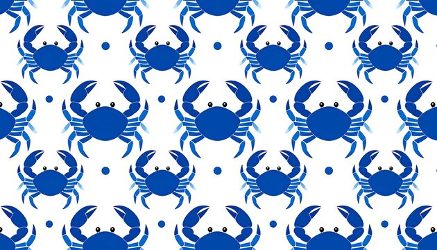 A whimsical pattern featuring repeated blue crabs and polka dots on a bright white background. The crabs have sharp pincers