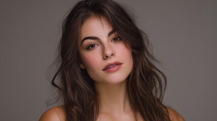 Fototapeta premium Elegant young woman with natural makeup and flowing brown hair against neutral backdrop, showcasing soft beauty and confidence