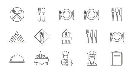 Fototapeta premium Set of simple line icons including dining utensils, buildings, nature and everyday objects in outline style.