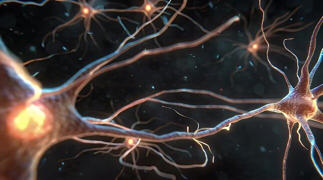 Neurons firing and transmitting signals through synapses in the nervous system, captured in a microscopic view