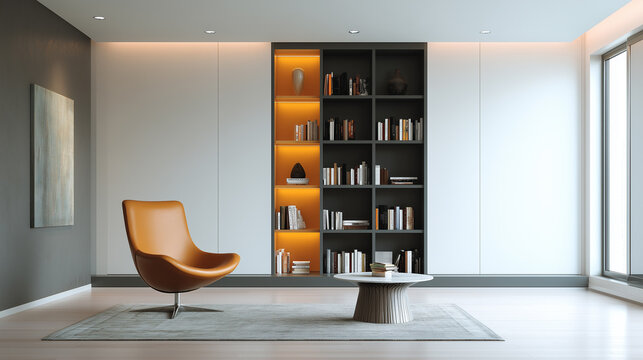 Cozy reading corner with bookshelf and stylish chair in modern living room