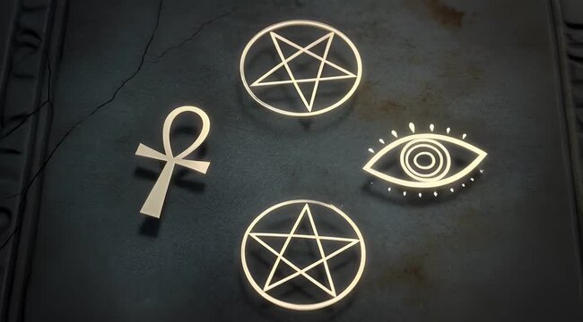 A captivating display of ancient mystical symbols including an ankh, pentagrams, and an all-seeing eye, illuminated on a dark, textured surface, evoking occult knowledge and spiritual mystery