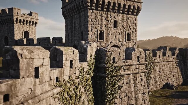 Majestic ancient stone castle fortress with towering battlements and turrets set against a dramatic sky and rolling hills evoking history and fantasy.