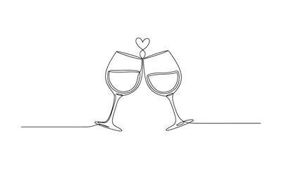 Continuous Line Drawing Wine Glasses Cheers with Heart Romantic Minimal Illustration