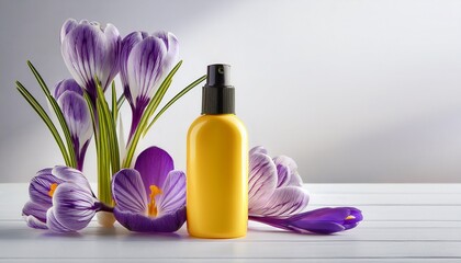 yellow cosmetic bottle mockup with purple and yellow crocus flowers and petals on a white table