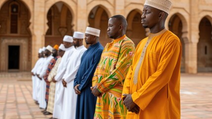 A group of African Muslim men dressed in vibrant traditional garments and caps line up for prayer in the serene courtyard of a mosque reflecting comm and faith