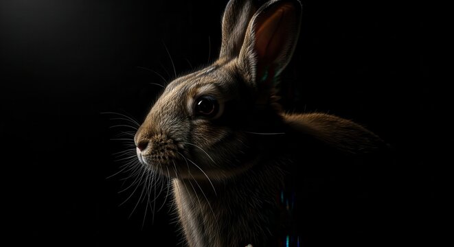 A close-up portrait of a rabbit with a dramatic lighting effect in the dark.