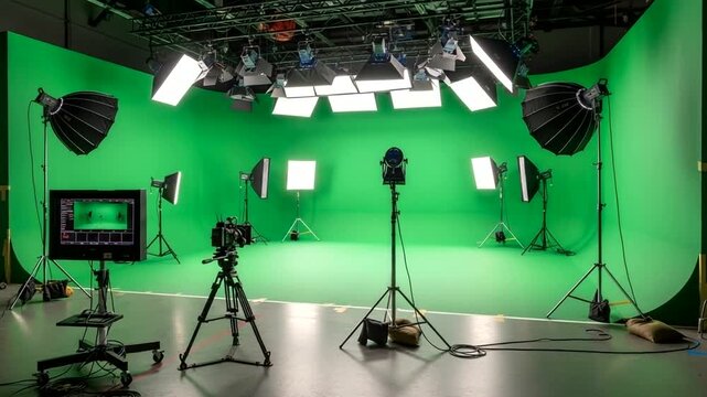 Professional green screen studio setup with lighting and cameras for video production.