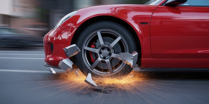 Red sports car in fast motion on city street with exploding wheel rim sparks concept of high speed danger and vehicle breakdown