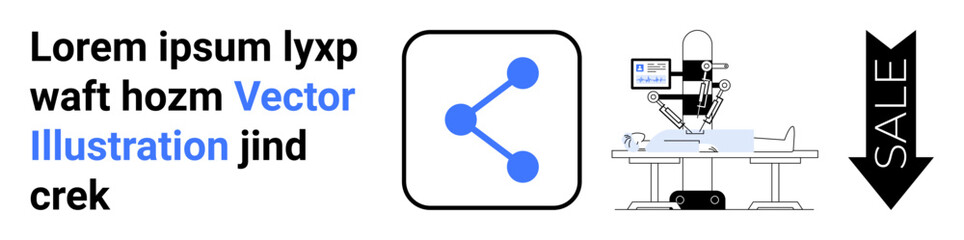 Robotics, medical innovation, social media, e-commerce, banking, technology. Social media icon, a robotic surgical setup and sale arrow highlight modern . Robotics and social media innovation