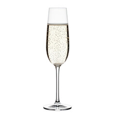 A champagne flute filled with bubbly champagne resting on a delicate stem on transparent background