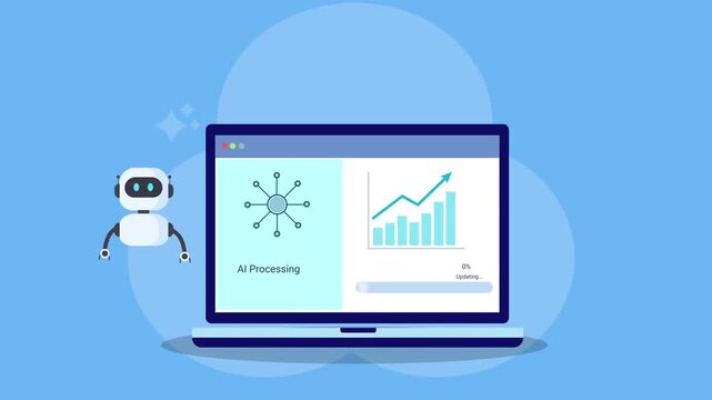 Animated AI robot beside laptop showing business network analytics dashboard with connectivity icon and rising bar chart. Concept of artificial intelligence, KPI monitoring, automation, and digital gr