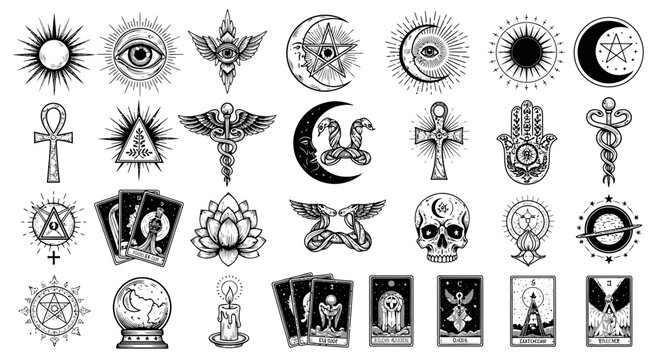 Vintage black hand drawn vector set of floral tattoo ornaments featuring circular gear wheels and seamless silhouette flower patterns in a decorative art style