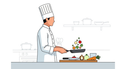 Professional Chef Tossing Fresh Colorful Vegetables in Frying Pan Illustration