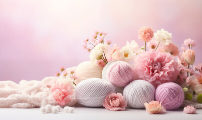 colorful ball of yarn surround flowers at serene background	