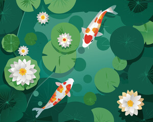 Colorful koi fish swim among lily pads in a tranquil pond