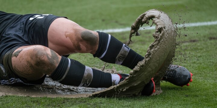 Soccer player sliding in wet muddy field close up of legs and splash dynamic sports action outdoor training concept