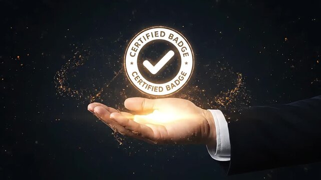 Business hand manifesting a glowing certified badge symbolizing quality assurance and official approval