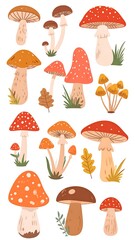 A whimsical collection of various illustrated mushrooms in warm hues, featuring vibrant caps and delicate stems, showcasing nature