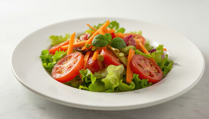 Fresh garden salad with tomato slices carrot sticks and leafy greens, vibrant and appetizing