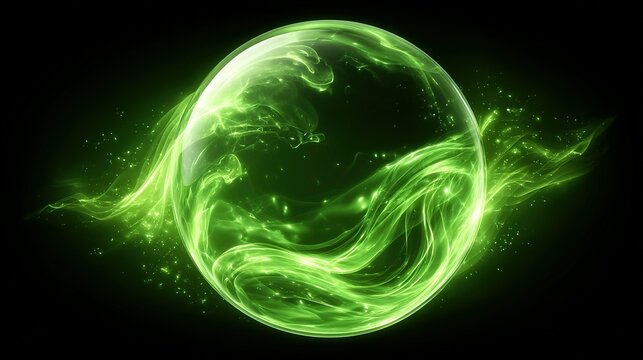 Glowing orb showcasing dynamic green energy flow on black backdrop