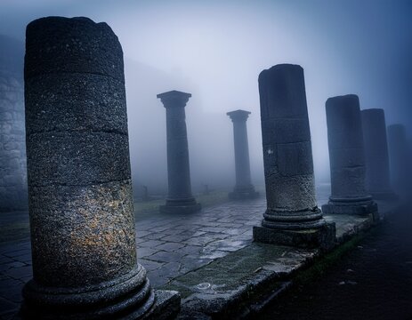 ancient stone columns shrouded in atmospheric fog and dim light