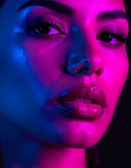 Fototapeta premium A close-up portrait of a woman's face, illuminated with vibrant blue and pink lights