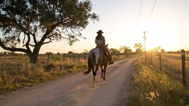 Female rider on a paint horse traveling down a rural dirt road at sunset