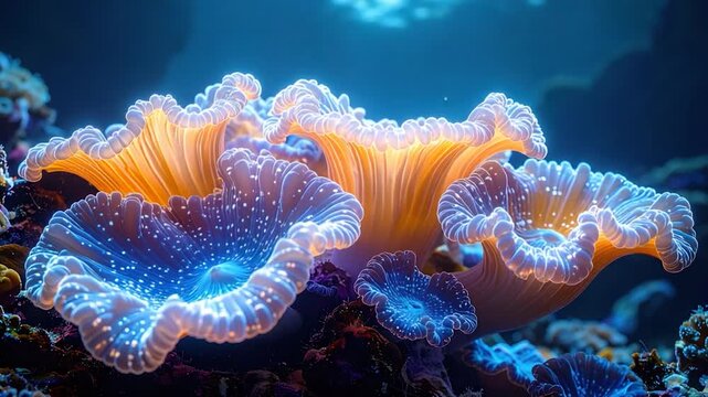 Underwater scene of vibrant, glowing coral formations