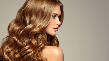 Naklejka premium Beautiful woman with long wavy hair showcasing elegance and glamour against neutral background in a stylish portrait