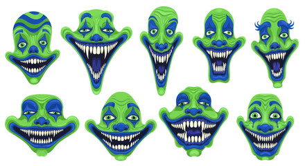 Naklejka premium Creepy Clown Faces Collection: Green and Blue Cartoon Masks with Scary Grins