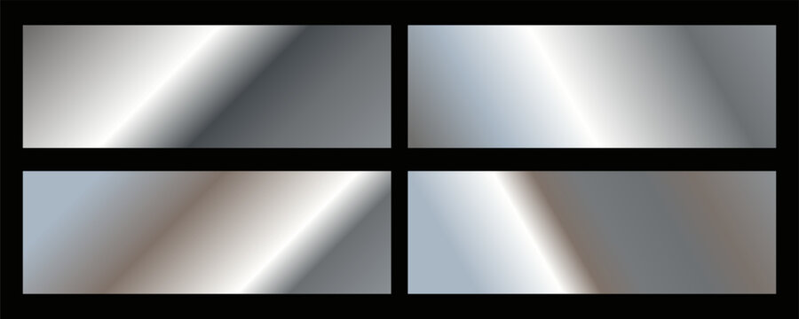 Vector set of illustration of different silver metallic foil texture gradation for banner background. 3d realistic style design of shiny silver gradient with diagonal stripe background