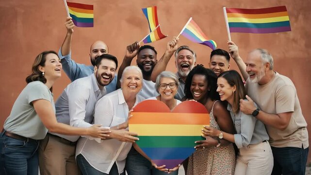 Diverse group of happy people celebrating LGBTQ pride with rainbow flags and heart symbol outdoors